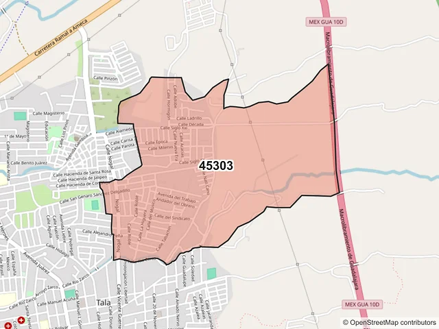 Mapa del código postal 45303, Tala, Jalisco