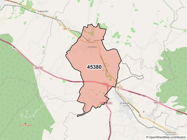Mapa del código postal 45380, Amatitán, Jalisco