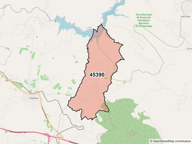 Mapa del código postal 45390, Amatitán, Jalisco