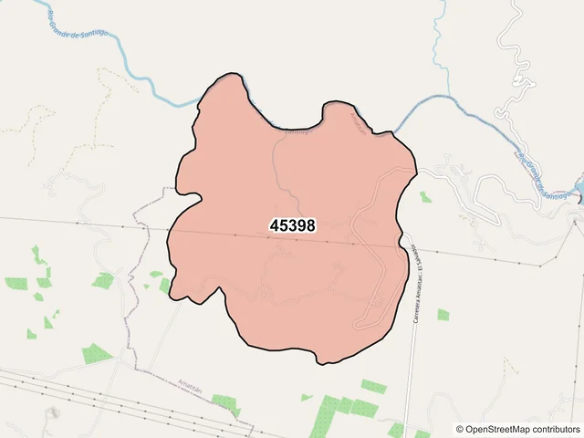 Mapa del código postal 45398, Amatitán, Jalisco