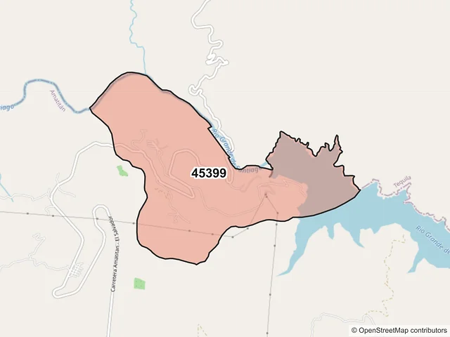 Mapa del código postal 45399, Amatitán, Jalisco