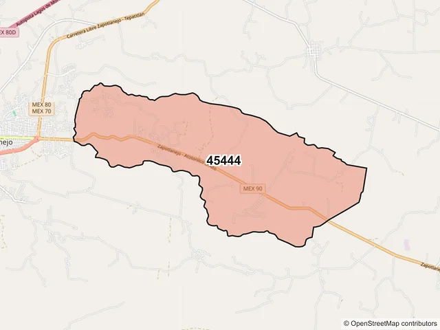 Mapa del código postal 45444, Zapotlanejo, Jalisco