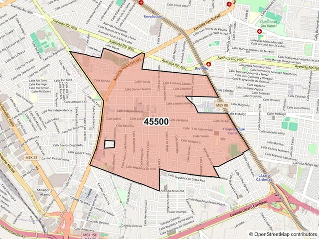 Mapa del código postal 45500, San Pedro Tlaquepaque, Jalisco