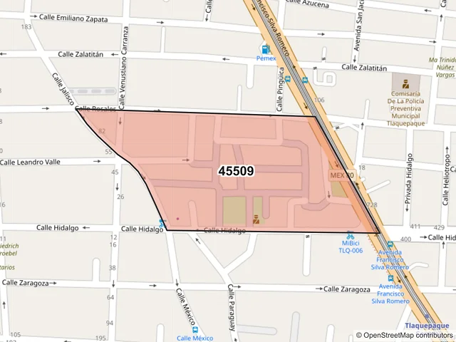 Mapa del código postal 45509, San Pedro Tlaquepaque, Jalisco