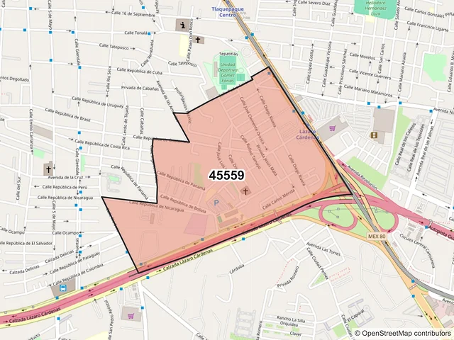 Mapa del código postal 45559, San Pedro Tlaquepaque, Jalisco