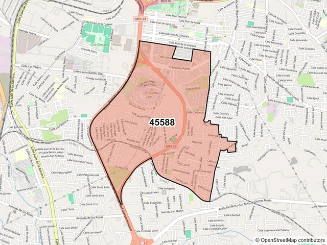 Mapa del código postal 45588, San Pedro Tlaquepaque, Jalisco