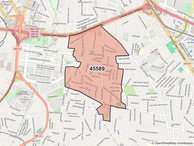 Mapa del código postal 45589, San Pedro Tlaquepaque, Jalisco