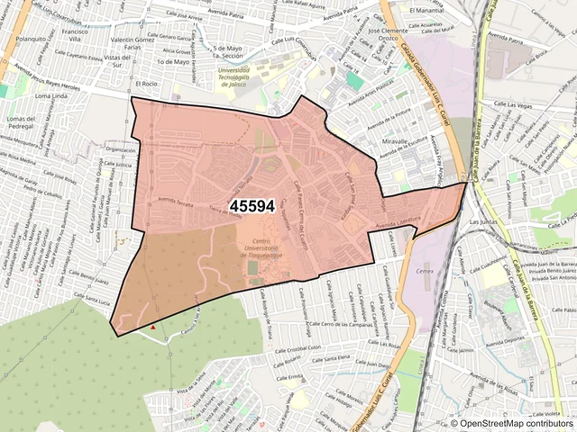 Mapa del código postal 45594, San Pedro Tlaquepaque, Jalisco