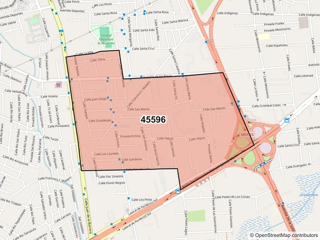 Mapa del código postal 45596, San Pedro Tlaquepaque, Jalisco