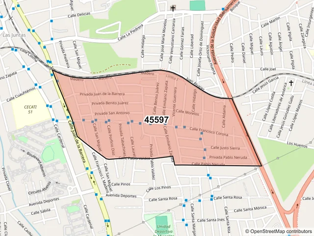 Mapa del código postal 45597, San Pedro Tlaquepaque, Jalisco
