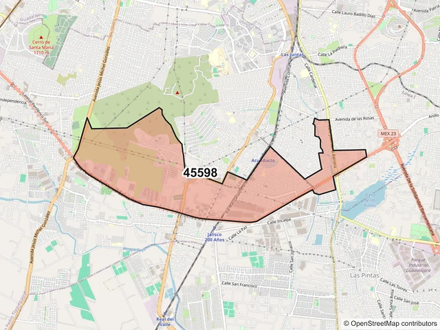 Mapa del código postal 45598, San Pedro Tlaquepaque, Jalisco