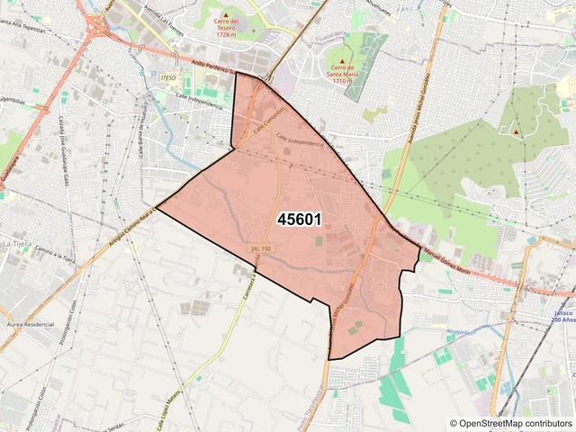 Mapa del código postal 45601, San Pedro Tlaquepaque, Jalisco