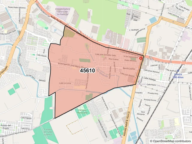 Mapa del código postal 45610, San Pedro Tlaquepaque, Jalisco