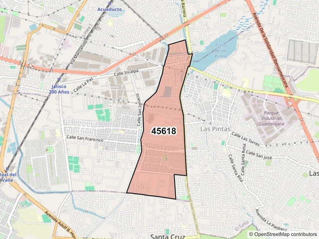 Mapa del código postal 45618, San Pedro Tlaquepaque, Jalisco
