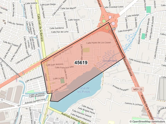 Mapa del código postal 45619, San Pedro Tlaquepaque, Jalisco
