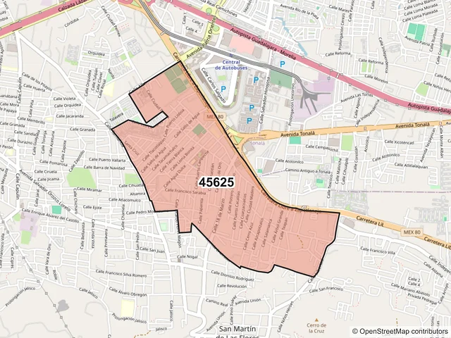 Mapa del código postal 45625, San Pedro Tlaquepaque, Jalisco