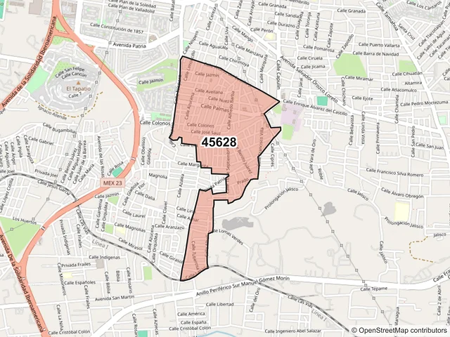 Mapa del código postal 45628, San Pedro Tlaquepaque, Jalisco