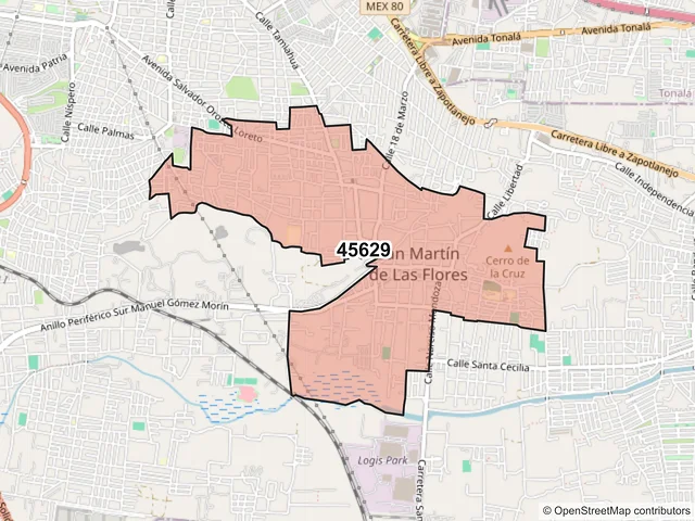 Mapa del código postal 45629, San Pedro Tlaquepaque, Jalisco