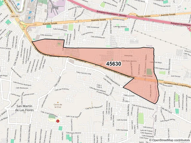 Mapa del código postal 45630, San Pedro Tlaquepaque, Jalisco
