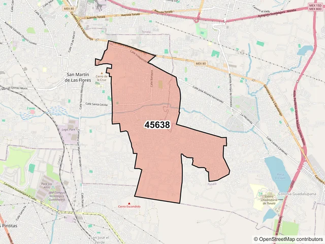 Mapa del código postal 45638, San Pedro Tlaquepaque, Jalisco