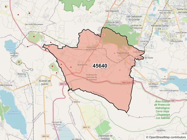 Mapa del código postal 45640, Tlajomulco de Zúñiga, Jalisco