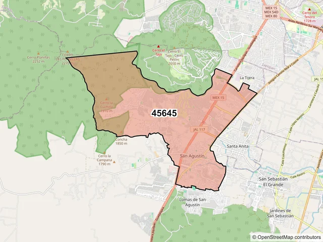 Mapa del código postal 45645, Tlajomulco de Zúñiga, Jalisco