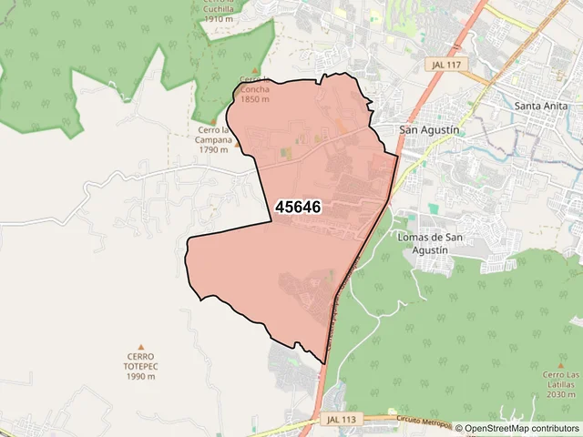 Mapa del código postal 45646, Tlajomulco de Zúñiga, Jalisco