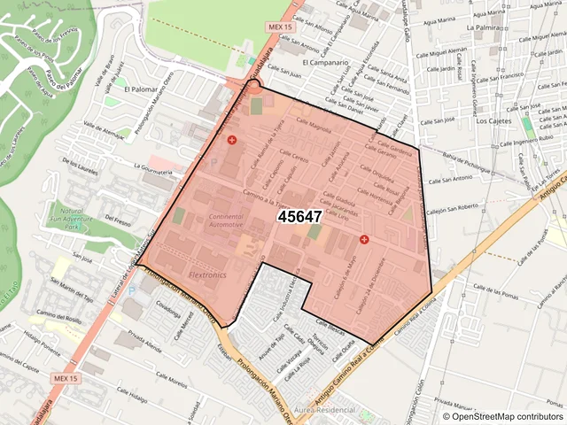 Mapa del código postal 45647, Tlajomulco de Zúñiga, Jalisco