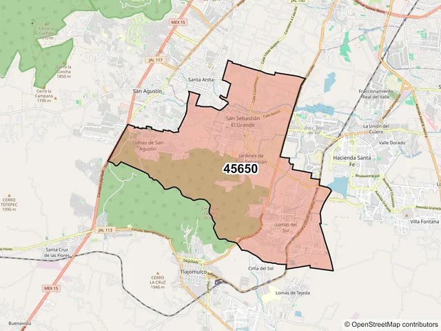 Mapa del código postal 45650, Tlajomulco de Zúñiga, Jalisco