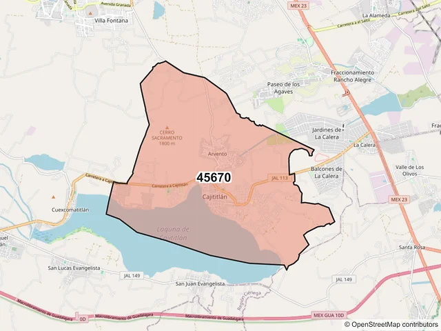 Mapa del código postal 45670, Tlajomulco de Zúñiga, Jalisco