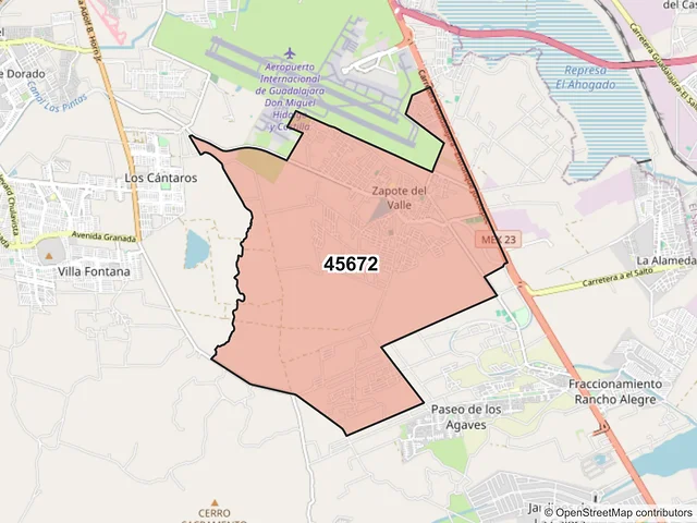 Mapa del código postal 45672, Tlajomulco de Zúñiga, Jalisco