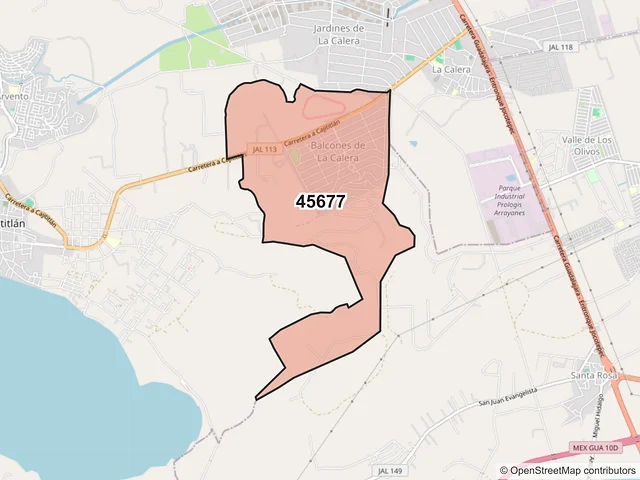 Mapa del código postal 45677, Tlajomulco de Zúñiga, Jalisco