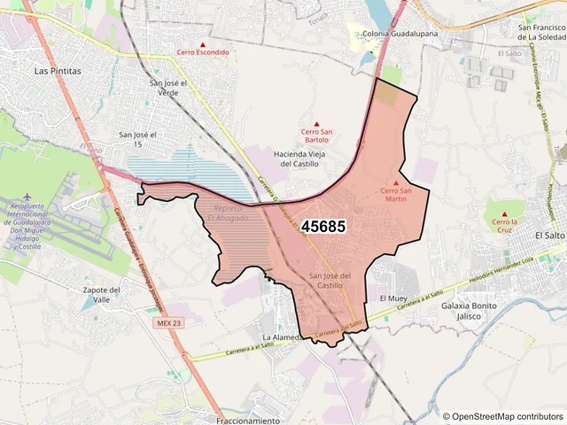 Mapa del código postal 45685, El Salto, Jalisco