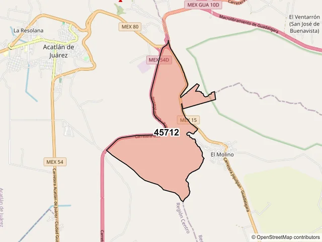 Mapa del código postal 45712, Acatlán de Juárez, Jalisco