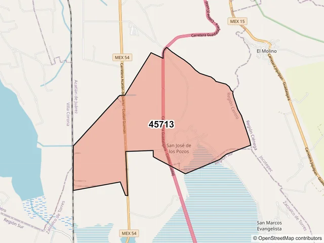 Mapa del código postal 45713, Acatlán de Juárez, Jalisco