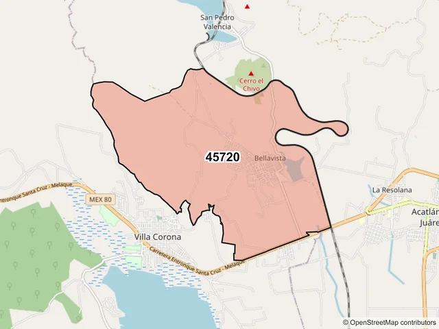 Mapa del código postal 45720, Acatlán de Juárez, Jalisco