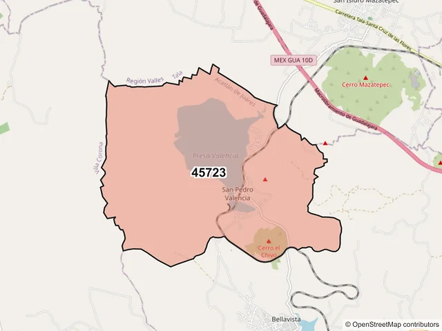 Mapa del código postal 45723, Acatlán de Juárez, Jalisco