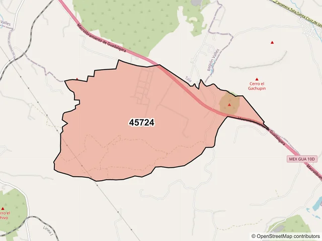 Mapa del código postal 45724, Acatlán de Juárez, Jalisco