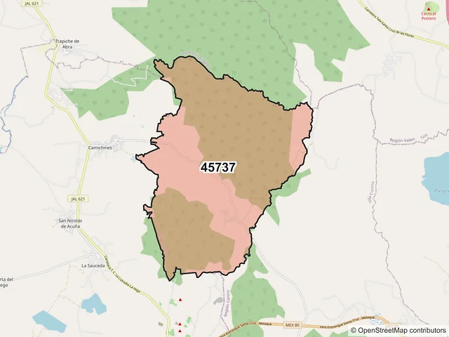 Mapa del código postal 45737, Villa Corona, Jalisco