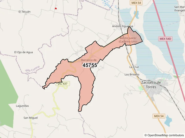 Mapa del código postal 45755, Zacoalco de Torres, Jalisco