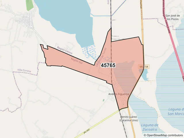 Mapa del código postal 45765, Zacoalco de Torres, Jalisco