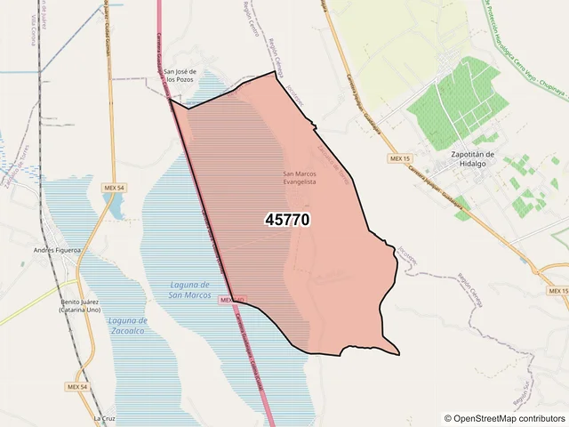 Mapa del código postal 45770, Zacoalco de Torres, Jalisco