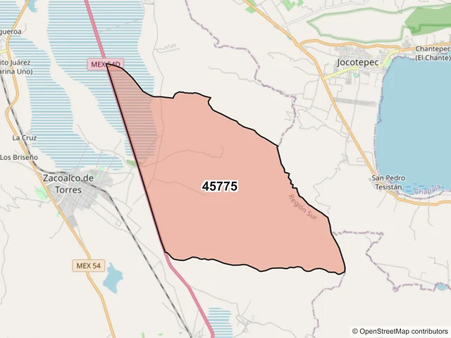 Mapa del código postal 45775, Zacoalco de Torres, Jalisco