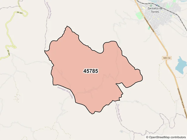 Mapa del código postal 45785, Zacoalco de Torres, Jalisco