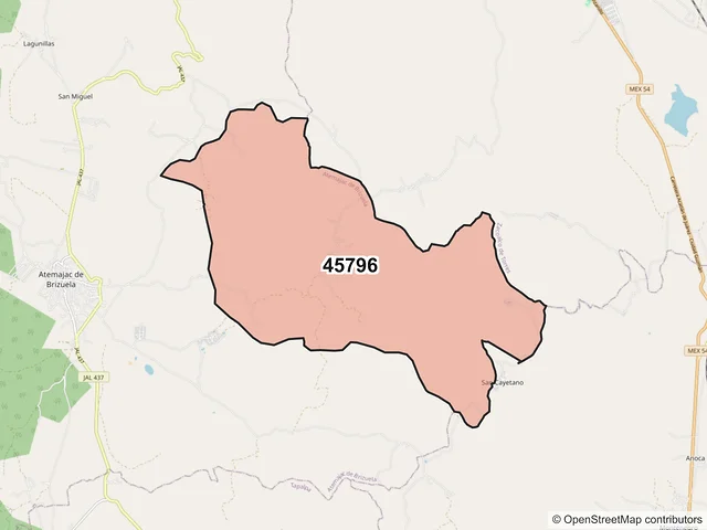 Mapa del código postal 45796, Atemajac de Brizuela, Jalisco