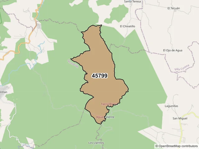 Mapa del código postal 45799, Atemajac de Brizuela, Jalisco