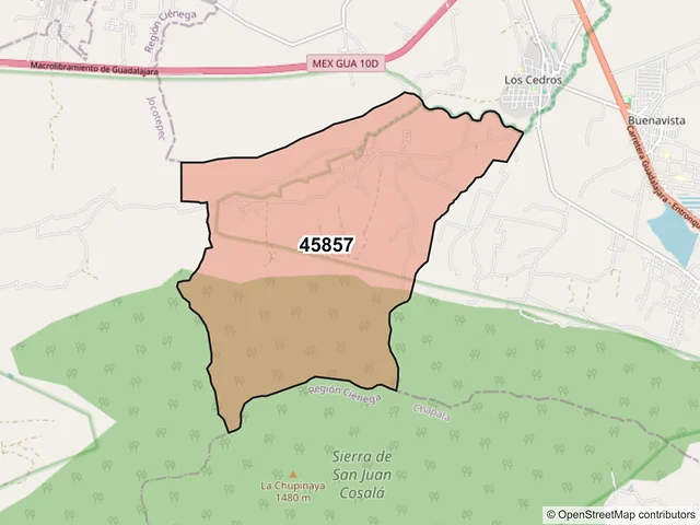Mapa del código postal 45857, Ixtlahuacán de los Membrillos, Jalisco