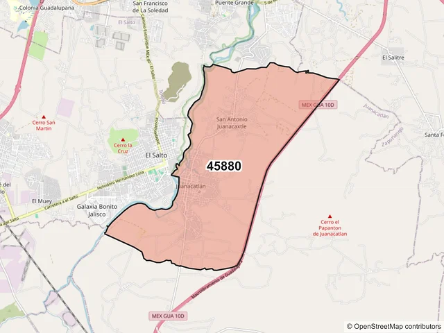 Mapa del código postal 45880, Juanacatlán, Jalisco