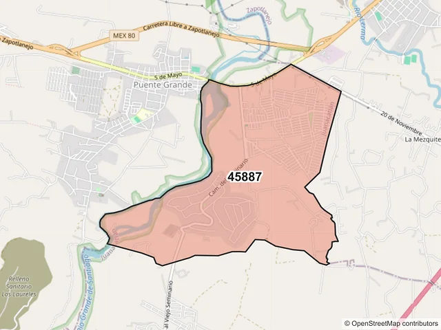 Mapa del código postal 45887, Juanacatlán, Jalisco