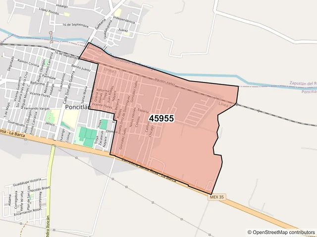 Mapa del código postal 45955, Poncitlán, Jalisco